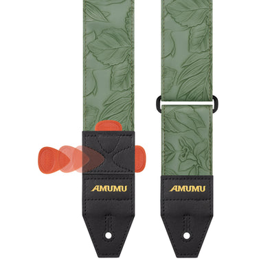 AMUMU Embossed Leaf Green Guitar Strap β Light Green Vegan Leather with Double-Layer Top Grain Leather Ends VG01EB-LG-R